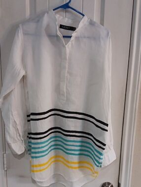 Lauren Ralph Lauren 100% Linen Striped Tunic Coastal Blue & Yellow Size M